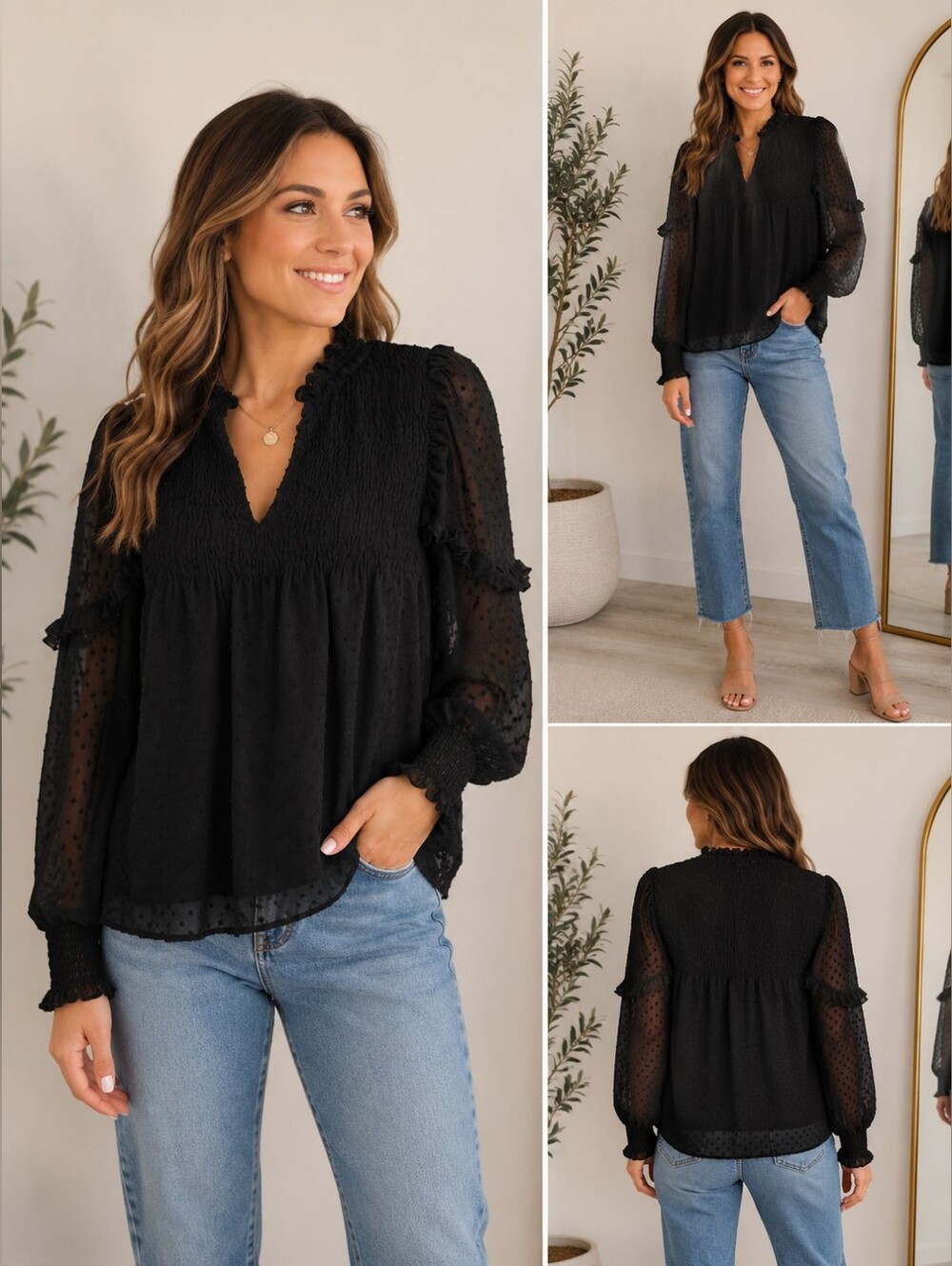 Zara Black Sheer Dot Ruffle Blouse